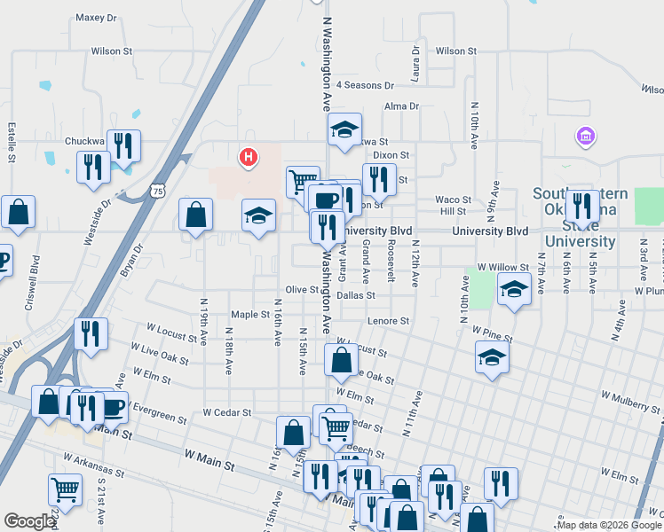 map of restaurants, bars, coffee shops, grocery stores, and more near 1002 North Washington Avenue in Durant