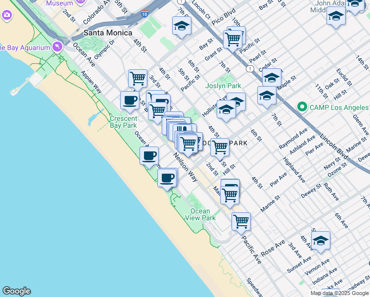 map of restaurants, bars, coffee shops, grocery stores, and more near 2439 Main Street in Santa Monica