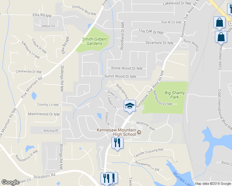 map of restaurants, bars, coffee shops, grocery stores, and more near 2608 Dreux Court in Kennesaw