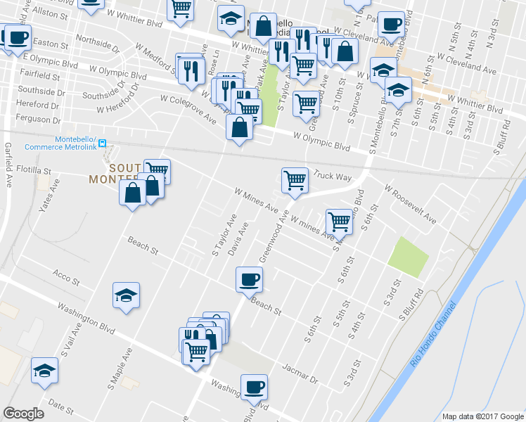 map of restaurants, bars, coffee shops, grocery stores, and more near 608 Davis Avenue in Montebello