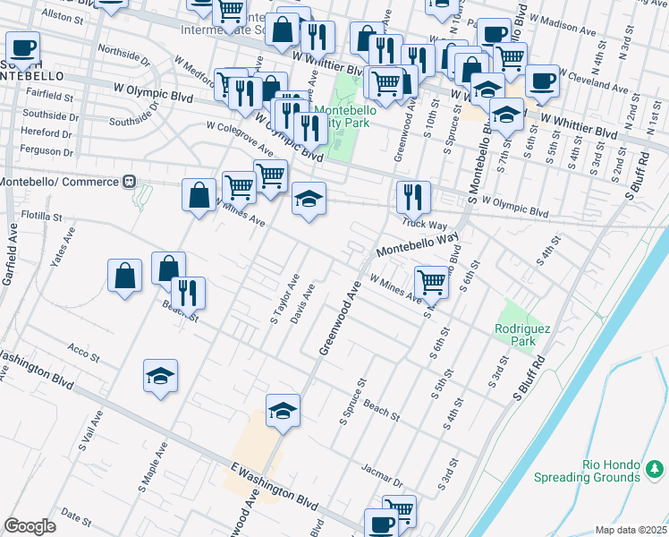 map of restaurants, bars, coffee shops, grocery stores, and more near 608 Davis Avenue in Montebello