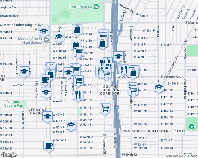 map of restaurants, bars, coffee shops, grocery stores, and more near 532 West Vernon Avenue in Los Angeles