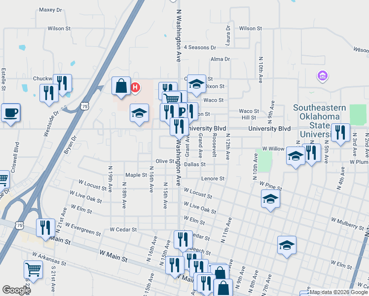 map of restaurants, bars, coffee shops, grocery stores, and more near 1002 North Washington Avenue in Durant