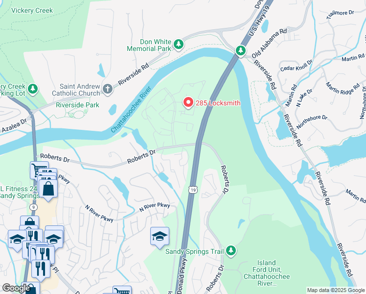 map of restaurants, bars, coffee shops, grocery stores, and more near 9400 Roberts Drive in Sandy Springs