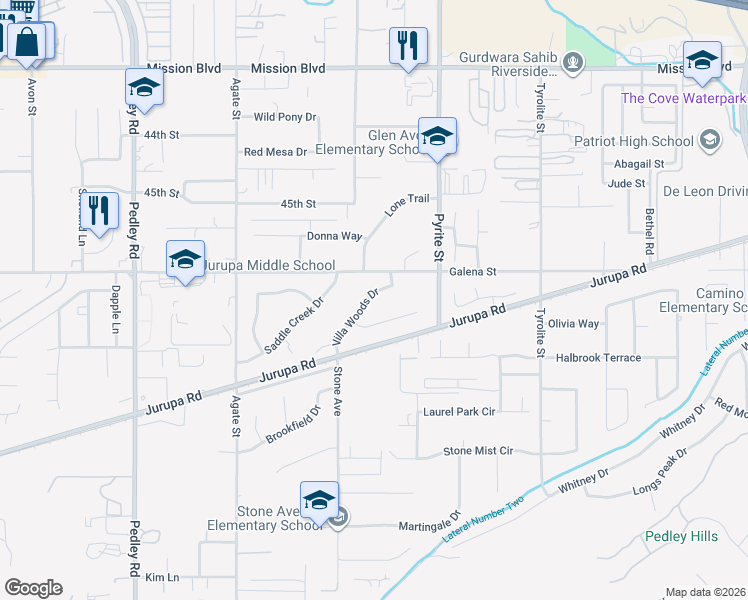 map of restaurants, bars, coffee shops, grocery stores, and more near 4682 Villa Woods Drive in Riverside