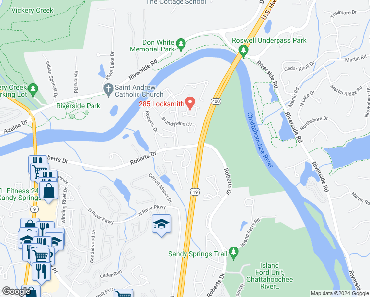 map of restaurants, bars, coffee shops, grocery stores, and more near 9400 Roberts Drive in Sandy Springs