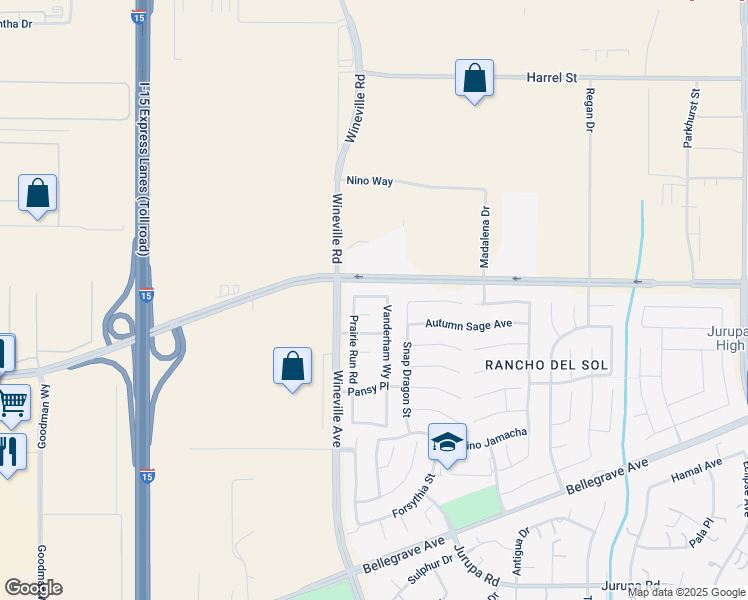 map of restaurants, bars, coffee shops, grocery stores, and more near 11086 Green Meadows Ln in Jurupa Valley