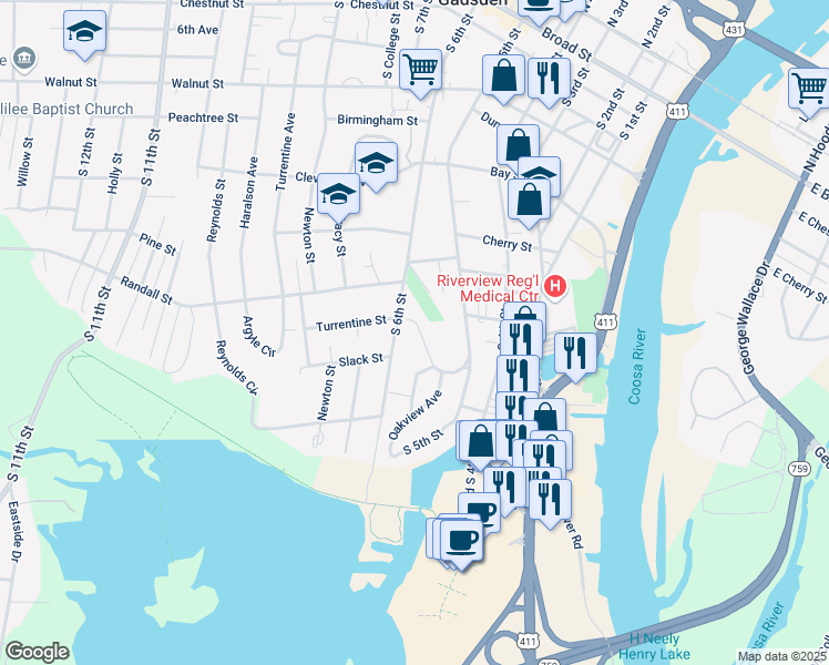 map of restaurants, bars, coffee shops, grocery stores, and more near 521 Grand Avenue in Gadsden
