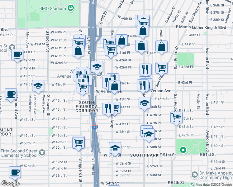 map of restaurants, bars, coffee shops, grocery stores, and more near 4400 South Broadway in Los Angeles