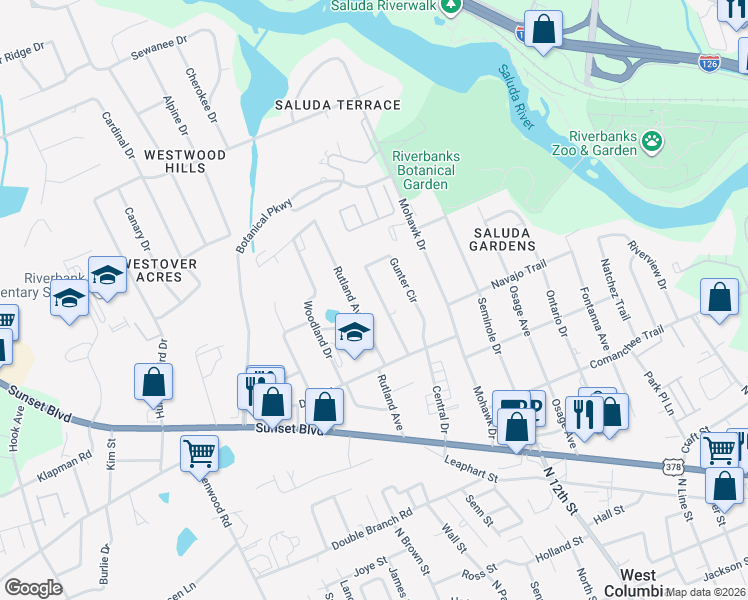 map of restaurants, bars, coffee shops, grocery stores, and more near 1167 Gunter Circle in West Columbia