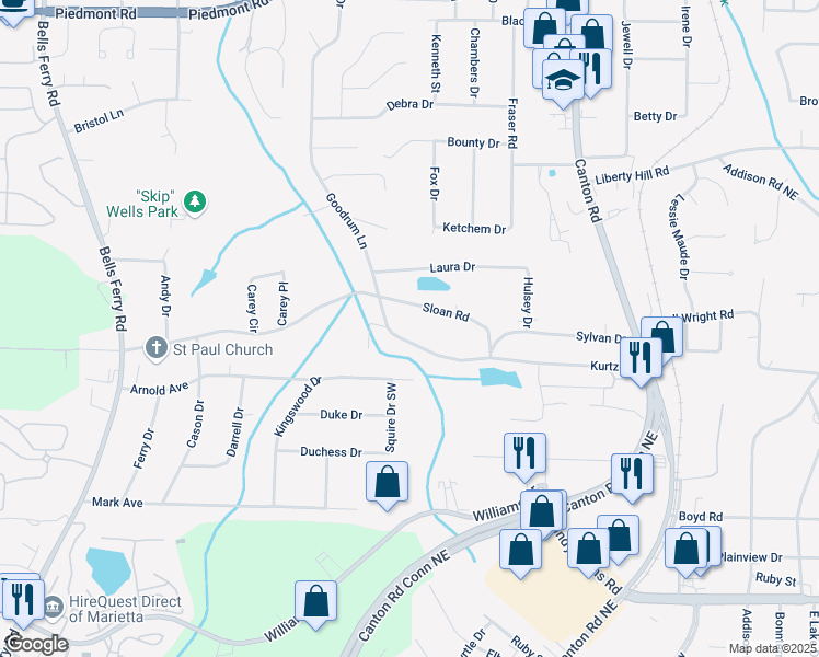 map of restaurants, bars, coffee shops, grocery stores, and more near 577 Kurtz Road in Marietta