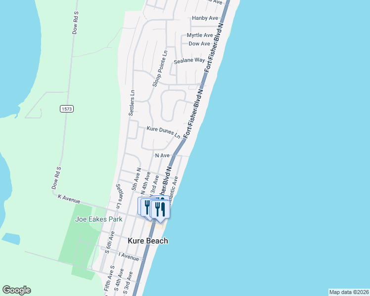 map of restaurants, bars, coffee shops, grocery stores, and more near 414 Fort Fisher Boulevard North in Kure Beach