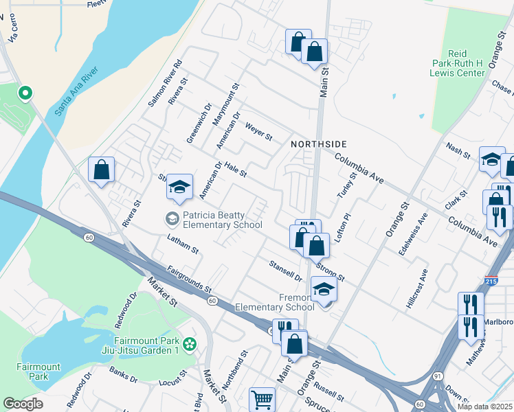 map of restaurants, bars, coffee shops, grocery stores, and more near 4031 Cey Court in Riverside