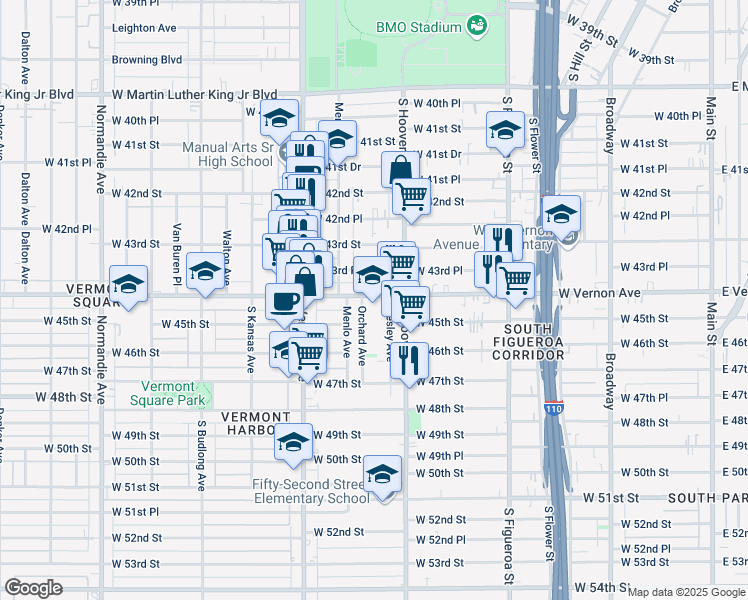 map of restaurants, bars, coffee shops, grocery stores, and more near 868 West Vernon Avenue in Los Angeles