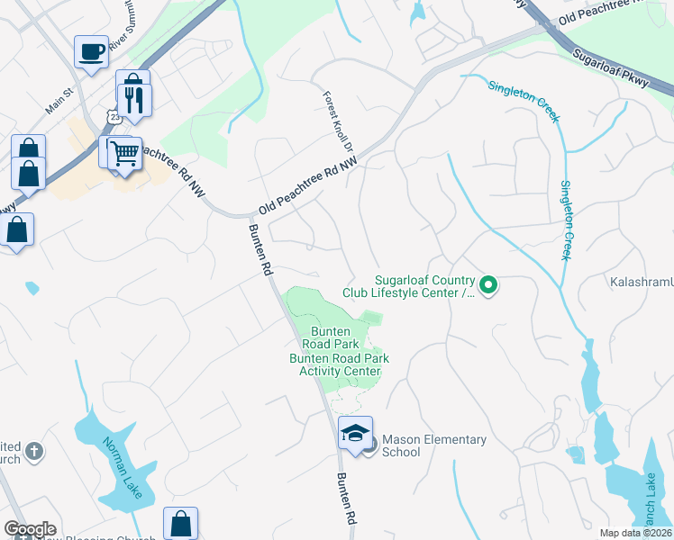 map of restaurants, bars, coffee shops, grocery stores, and more near 3106 Canter Way in Duluth