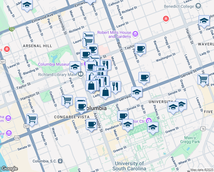 map of restaurants, bars, coffee shops, grocery stores, and more near 1313 Sumter Street in Columbia