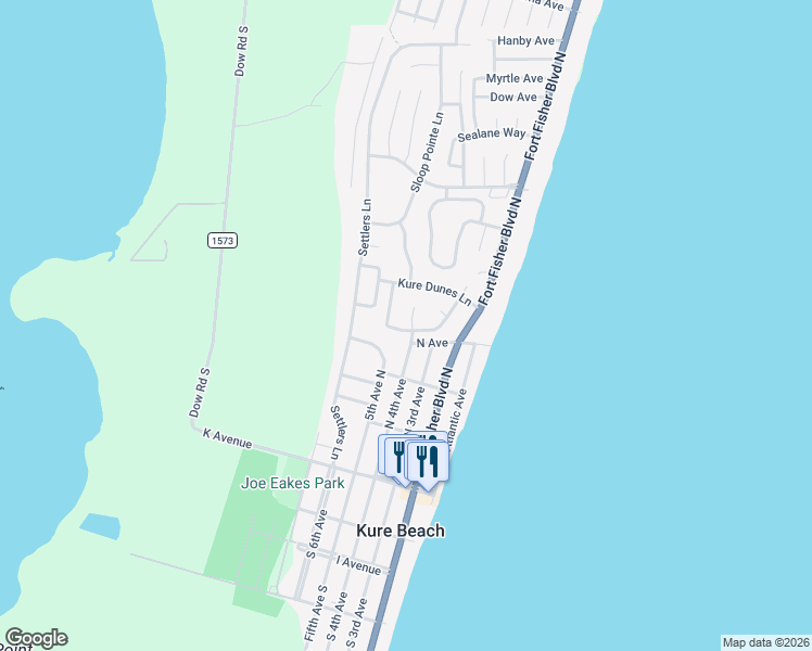 map of restaurants, bars, coffee shops, grocery stores, and more near 409 North 4th Avenue in Kure Beach