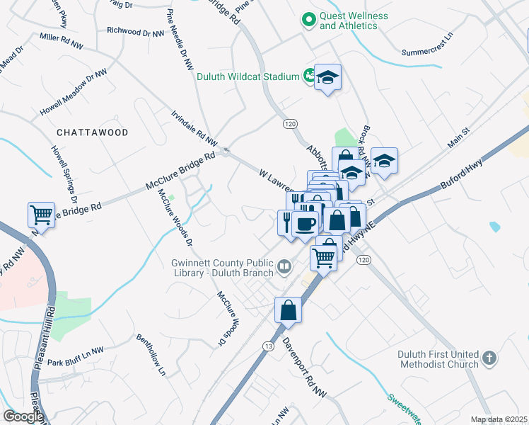 map of restaurants, bars, coffee shops, grocery stores, and more near 3612 Ridge Town Drive in Duluth