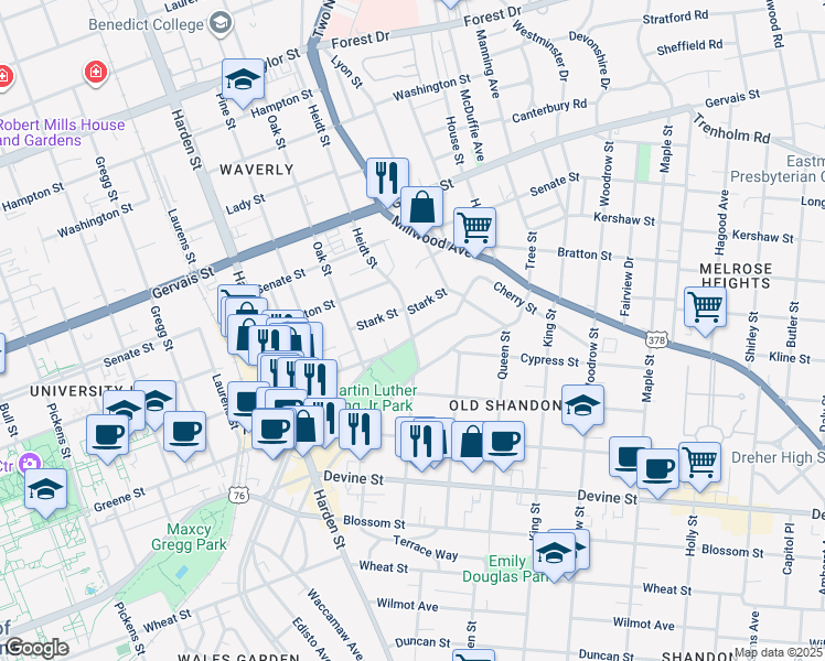 map of restaurants, bars, coffee shops, grocery stores, and more near 2401 Greene Street in Columbia