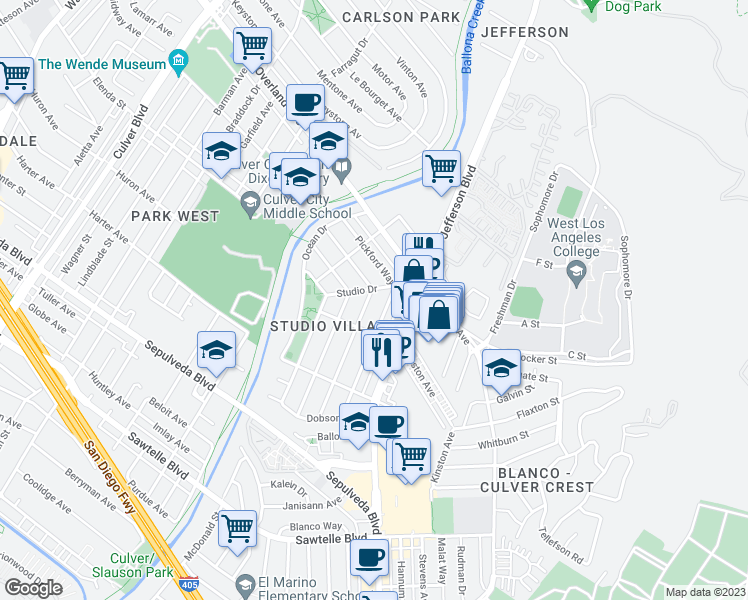 map of restaurants, bars, coffee shops, grocery stores, and more near 10830 Fairbanks Way in Culver City