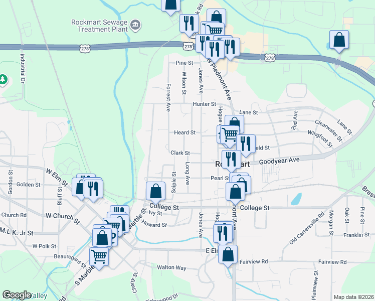 map of restaurants, bars, coffee shops, grocery stores, and more near 600 Oakcrest Drive in Rockmart