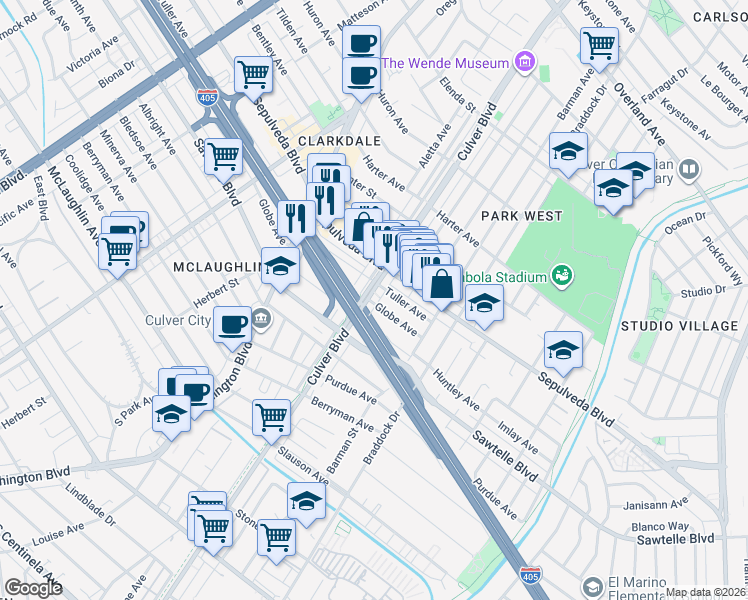 map of restaurants, bars, coffee shops, grocery stores, and more near 11246 Culver Boulevard in Culver City