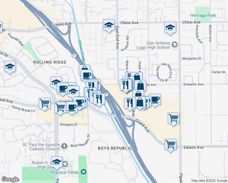 map of restaurants, bars, coffee shops, grocery stores, and more near 13798 Roswell Avenue in Chino