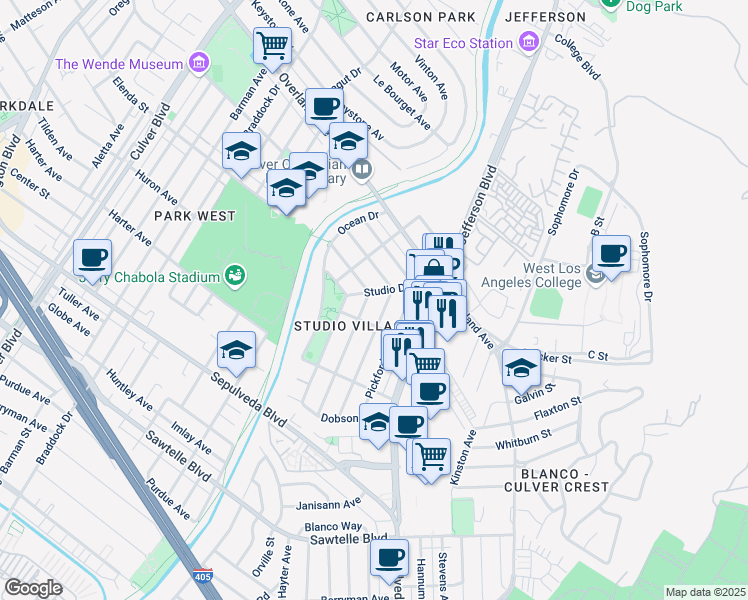 map of restaurants, bars, coffee shops, grocery stores, and more near 10944 Westwood Boulevard in Culver City