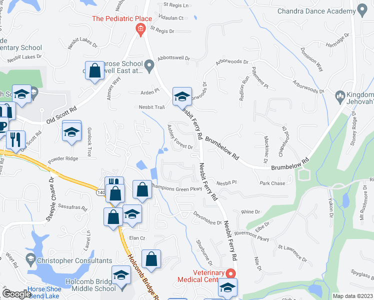 map of restaurants, bars, coffee shops, grocery stores, and more near 401 Ashley Court in Alpharetta