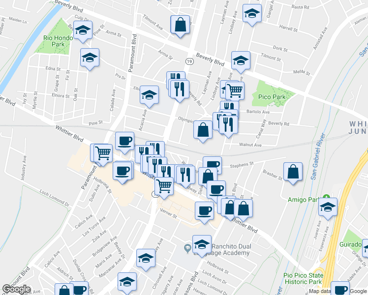 map of restaurants, bars, coffee shops, grocery stores, and more near 9112 Union Street in Pico Rivera