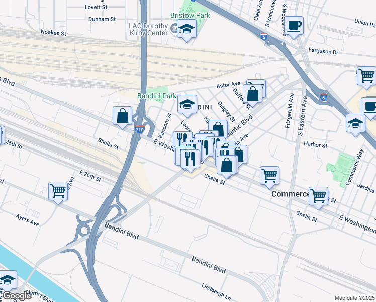 map of restaurants, bars, coffee shops, grocery stores, and more near 5117 East Washington Boulevard in Commerce
