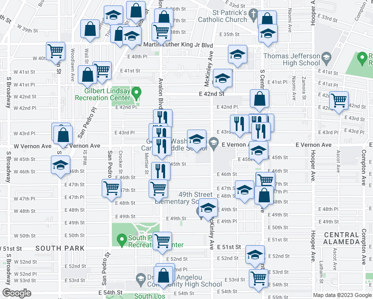map of restaurants, bars, coffee shops, grocery stores, and more near 716 East Vernon Avenue in Los Angeles