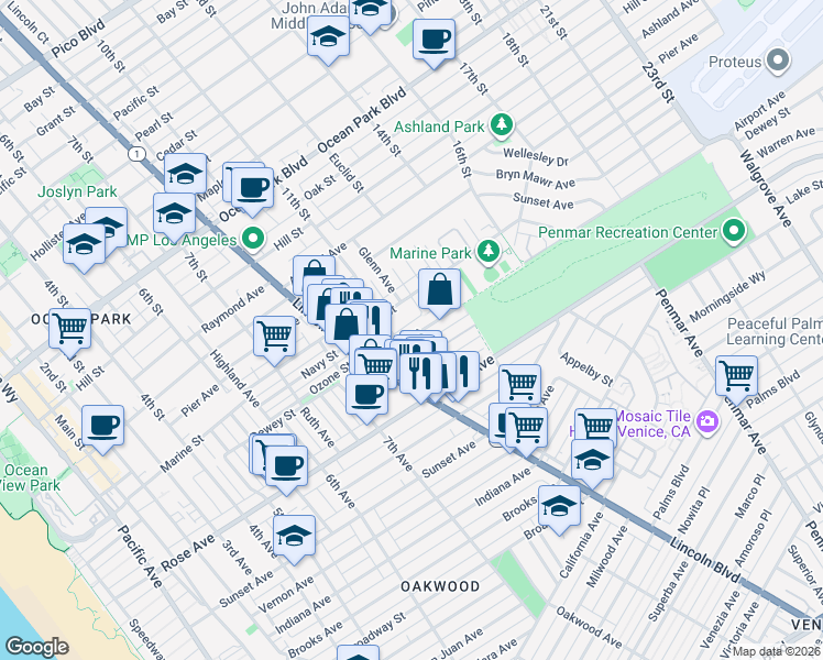 map of restaurants, bars, coffee shops, grocery stores, and more near 1120 Ozone Avenue in Santa Monica