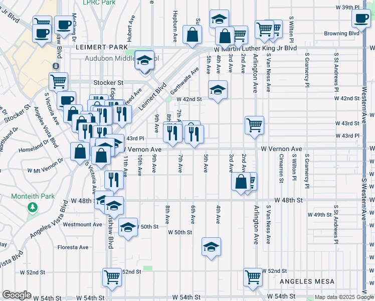 map of restaurants, bars, coffee shops, grocery stores, and more near 2816 West Vernon Avenue in Los Angeles