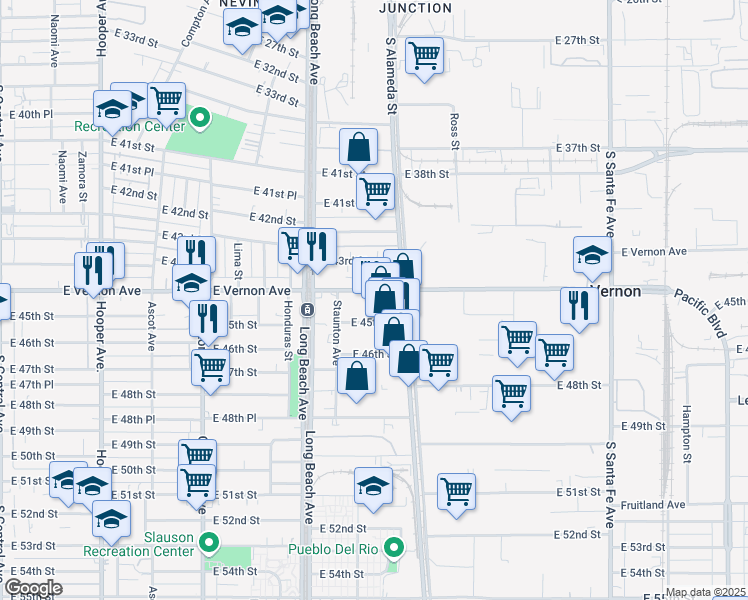 map of restaurants, bars, coffee shops, grocery stores, and more near 1832 East Vernon Avenue in Vernon
