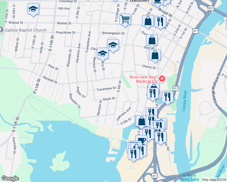 map of restaurants, bars, coffee shops, grocery stores, and more near 811 South 6th Street in Gadsden