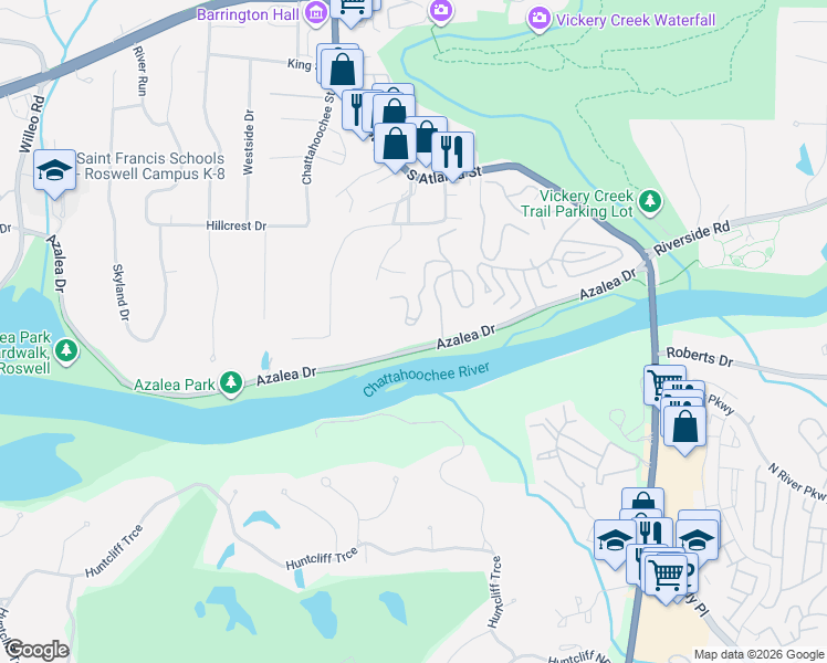map of restaurants, bars, coffee shops, grocery stores, and more near 232 Riverview Trail in Roswell