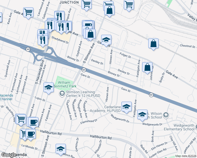 map of restaurants, bars, coffee shops, grocery stores, and more near 16109 Garo Street in Hacienda Heights