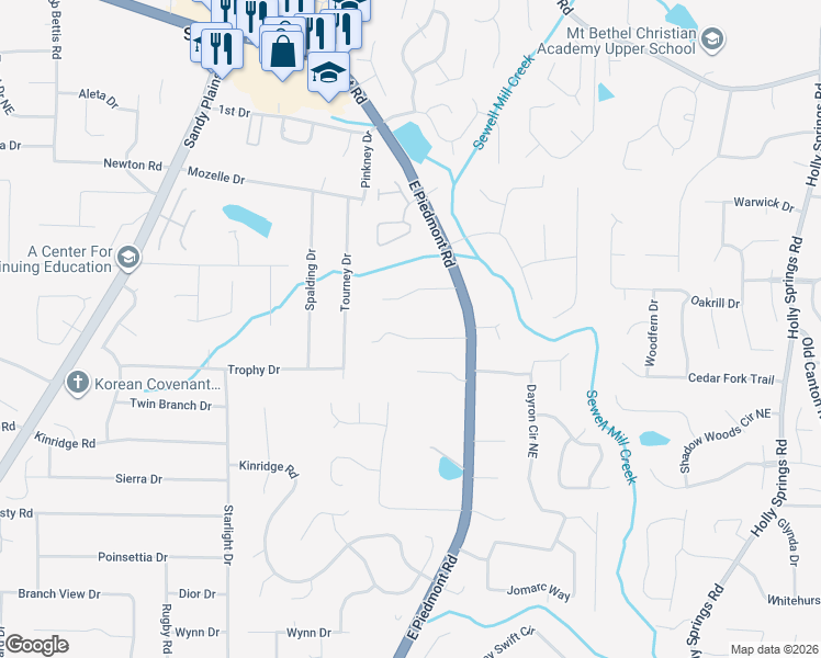 map of restaurants, bars, coffee shops, grocery stores, and more near 2159 Plymouth Lane in Marietta