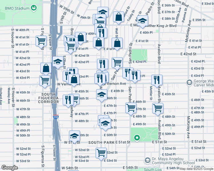 map of restaurants, bars, coffee shops, grocery stores, and more near 4410 South Main Street in Los Angeles