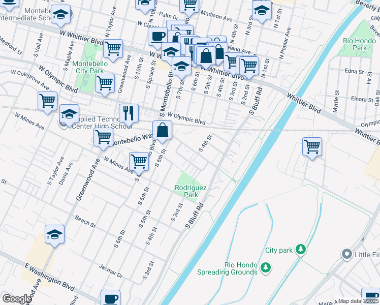map of restaurants, bars, coffee shops, grocery stores, and more near 419 West Roosevelt Avenue in Montebello