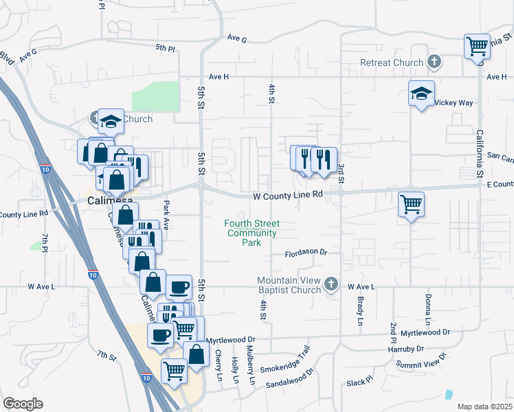 map of restaurants, bars, coffee shops, grocery stores, and more near 415 West County Line Road in Calimesa