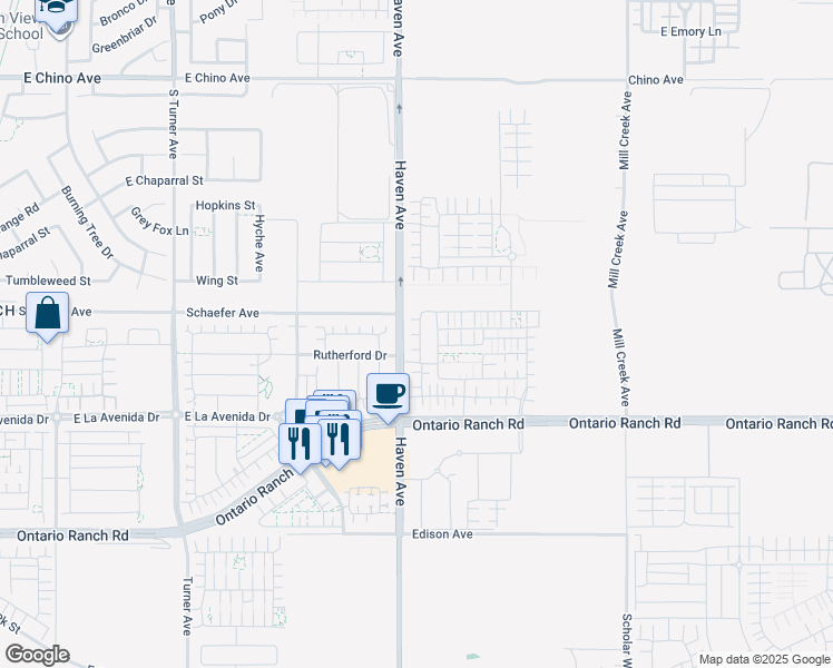 map of restaurants, bars, coffee shops, grocery stores, and more near 3885 South Oasis Paseo in Ontario