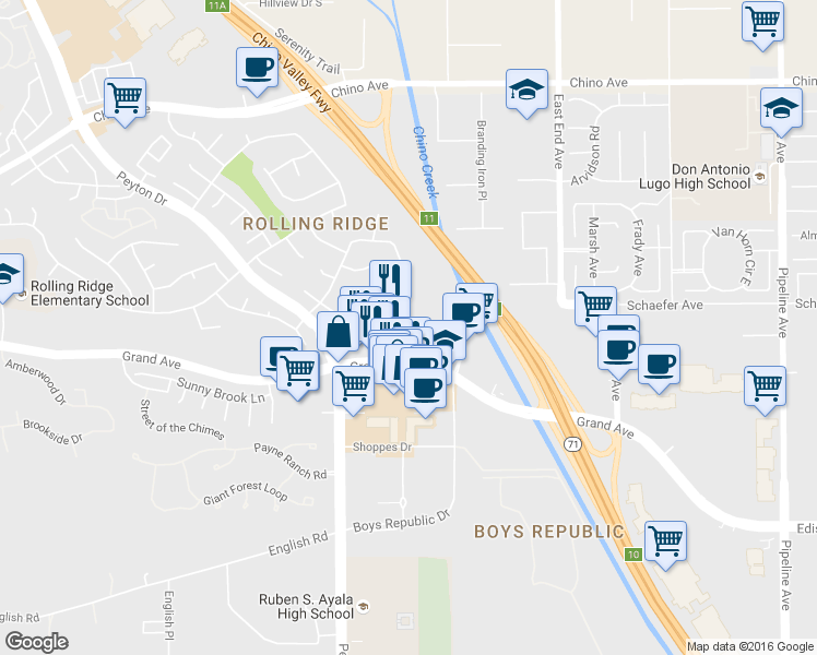 map of restaurants, bars, coffee shops, grocery stores, and more near 3405 Marble Ridge Drive in Chino Hills