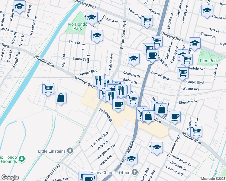map of restaurants, bars, coffee shops, grocery stores, and more near 4917 Lexington Road in Pico Rivera