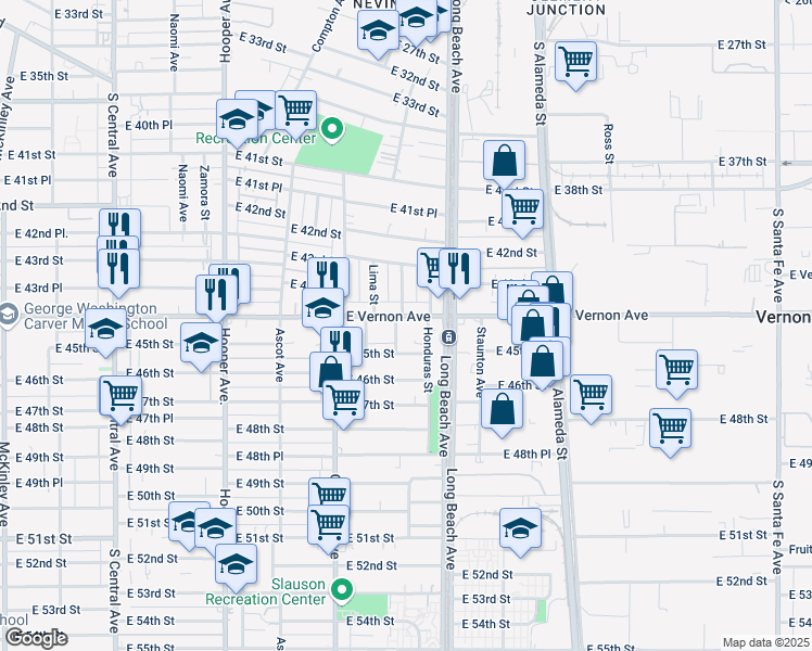 map of restaurants, bars, coffee shops, grocery stores, and more near 1618 East Vernon Avenue in Los Angeles