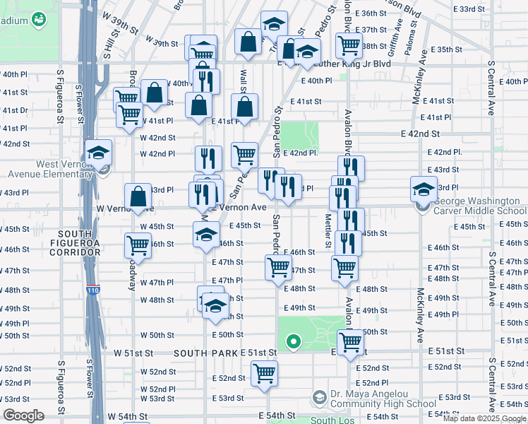 map of restaurants, bars, coffee shops, grocery stores, and more near 234 East Vernon Avenue in Los Angeles