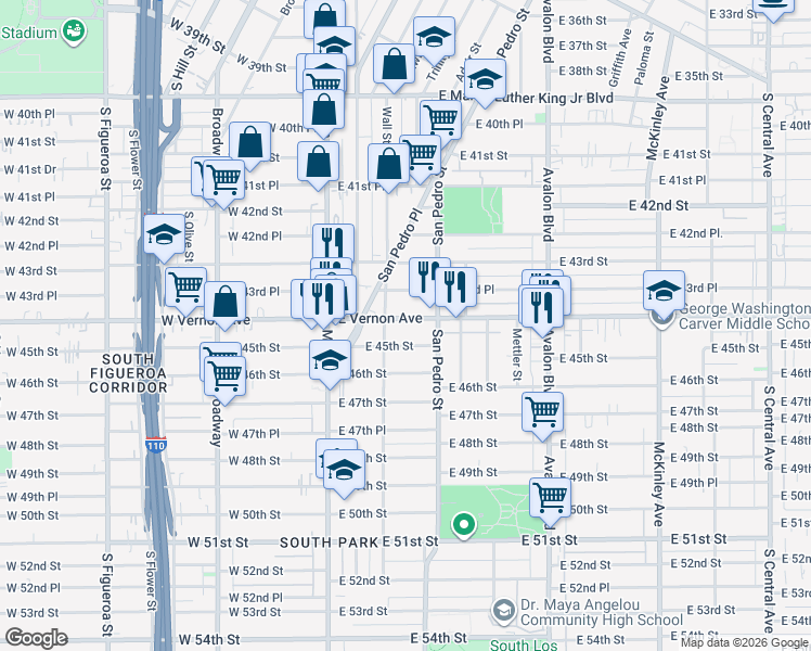 map of restaurants, bars, coffee shops, grocery stores, and more near 234 East Vernon Avenue in Los Angeles
