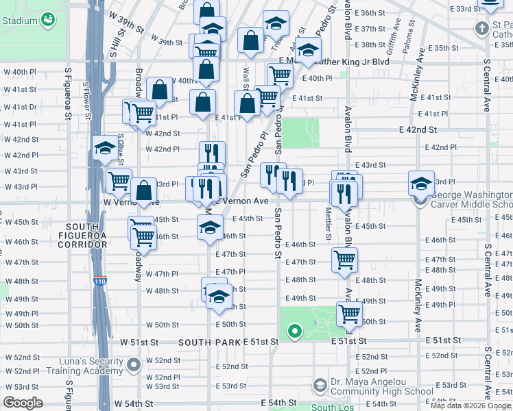 map of restaurants, bars, coffee shops, grocery stores, and more near 234 East Vernon Avenue in Los Angeles