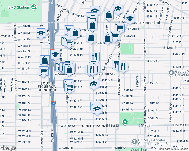 map of restaurants, bars, coffee shops, grocery stores, and more near 4410 South Main Street in Los Angeles